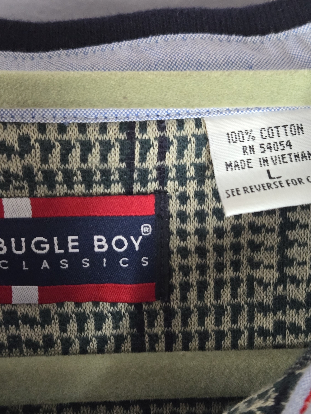 Vintage Bugle Boy Classics Long Sleeve Polo Cream Green Navy XL 100% Cotton - Picture 3 of 16
